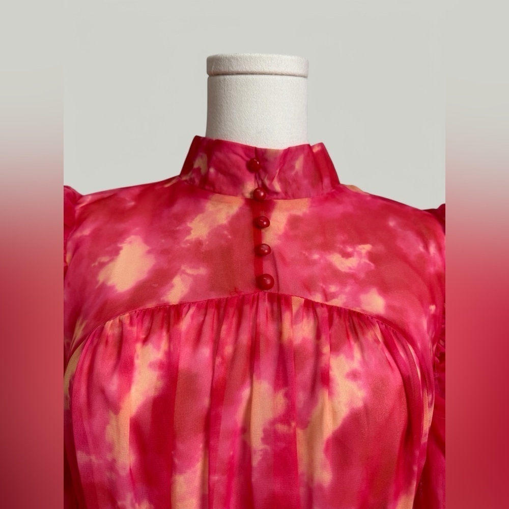 Dress Women Size Large Pink Tie Dye Mini Ruffle Long Sleeves Tiered Skirt Sheer - Picture 9 of 15